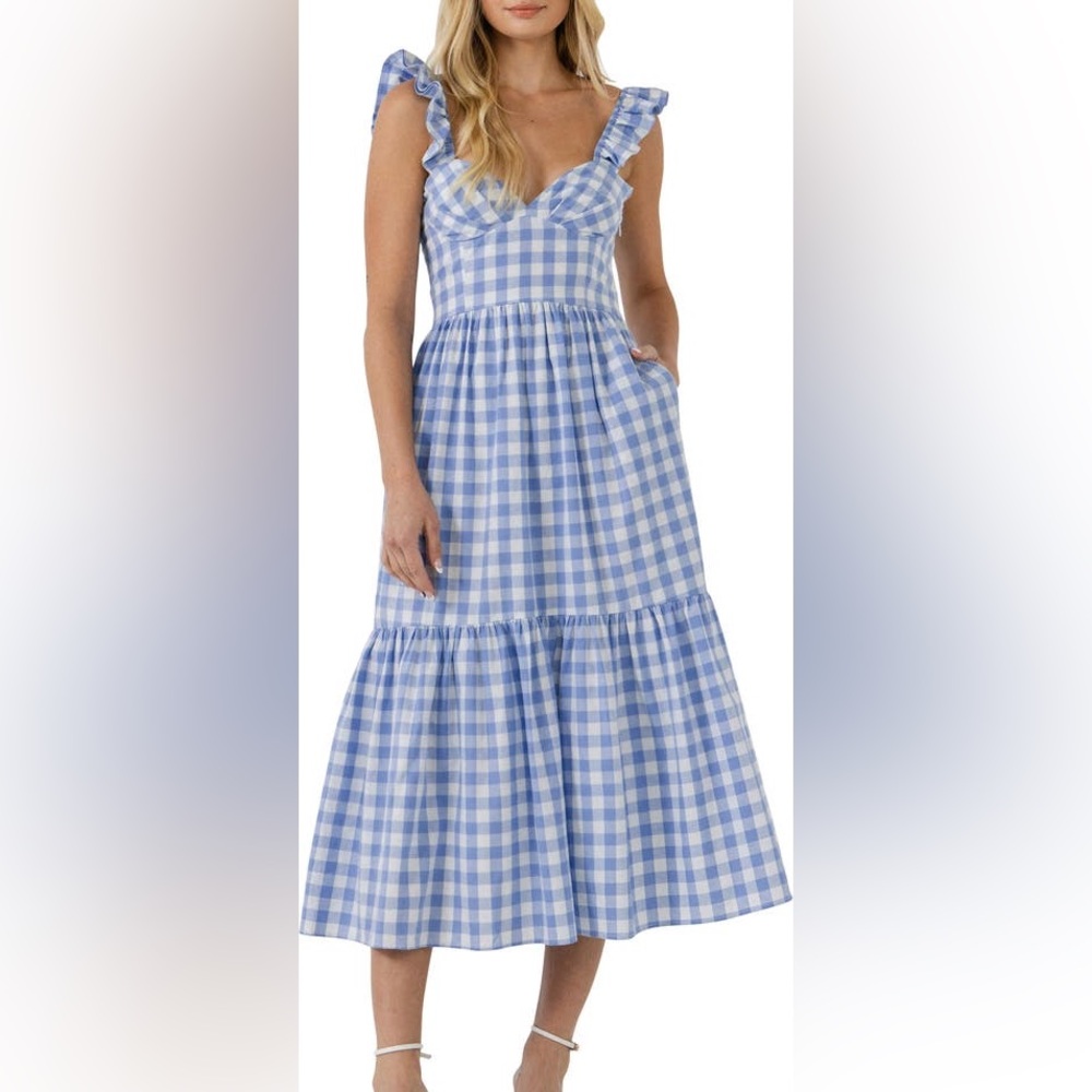 English Factory Blue and White Gingham Midi Dress